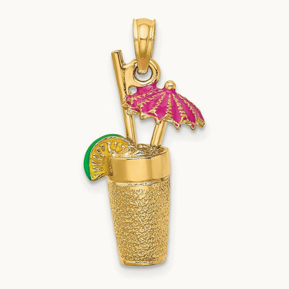 3-D Cocktail Drink w/Fuschia Enamel Umbrella and Lime Charm, 14K