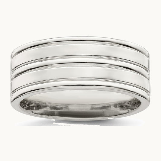 Sterling Silver 8mm Polished Flat Grooved Fancy Band