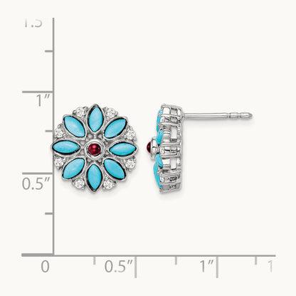 Turquoise/Creat. Ruby/Wht. Topaz Floral Earrings, 14K White Gold