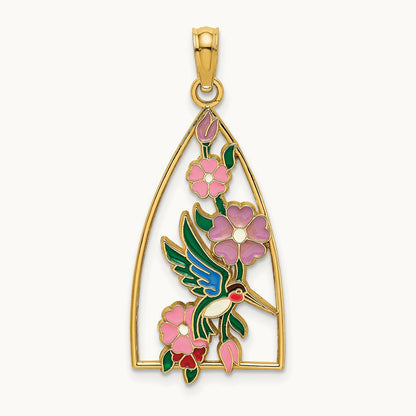 w/ Enamel Hummingbird and Flowers Charm, 14K