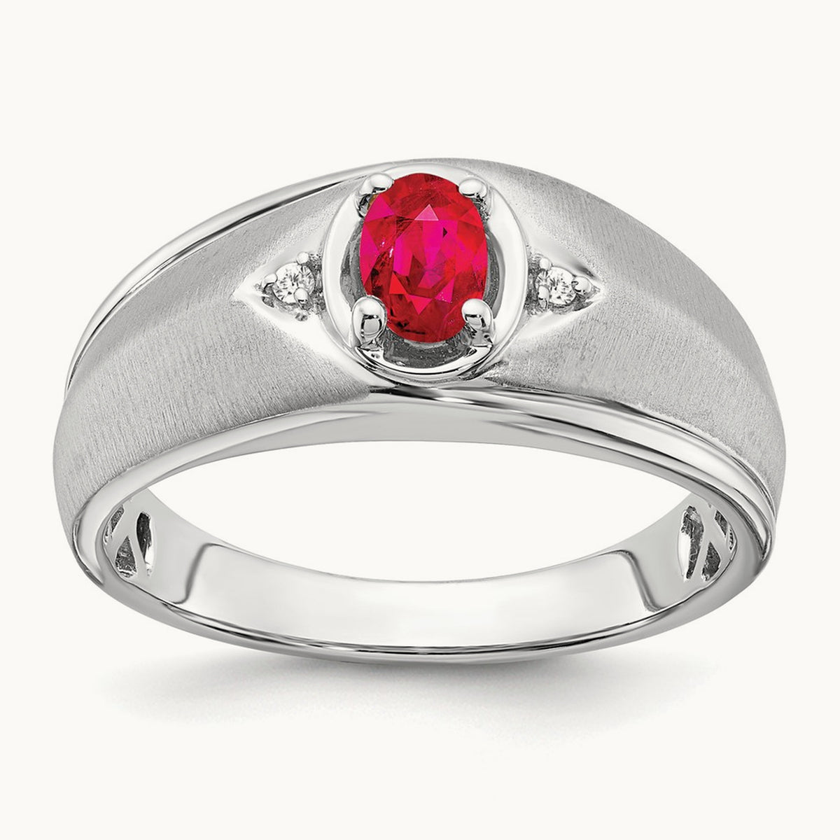Oval Ruby and Diamond Men's Ring — 14K White Gold, 10