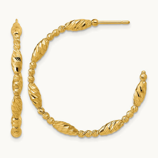 Polished and Diamond-cut Beaded Fancy J-Hoop Post Earrings, 14K — Leslie's