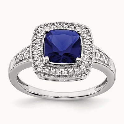 Cushion Created Sapphire and Diamond Halo Ring, 14K White Gold