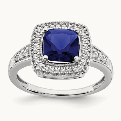 Cushion Created Sapphire and Diamond Halo Ring, 14K White Gold