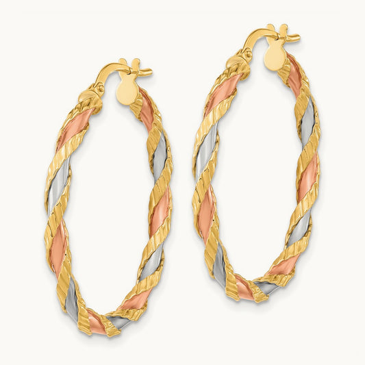 Textured Twisted Hoop Earrings, 14K with Rose and White Rhodium