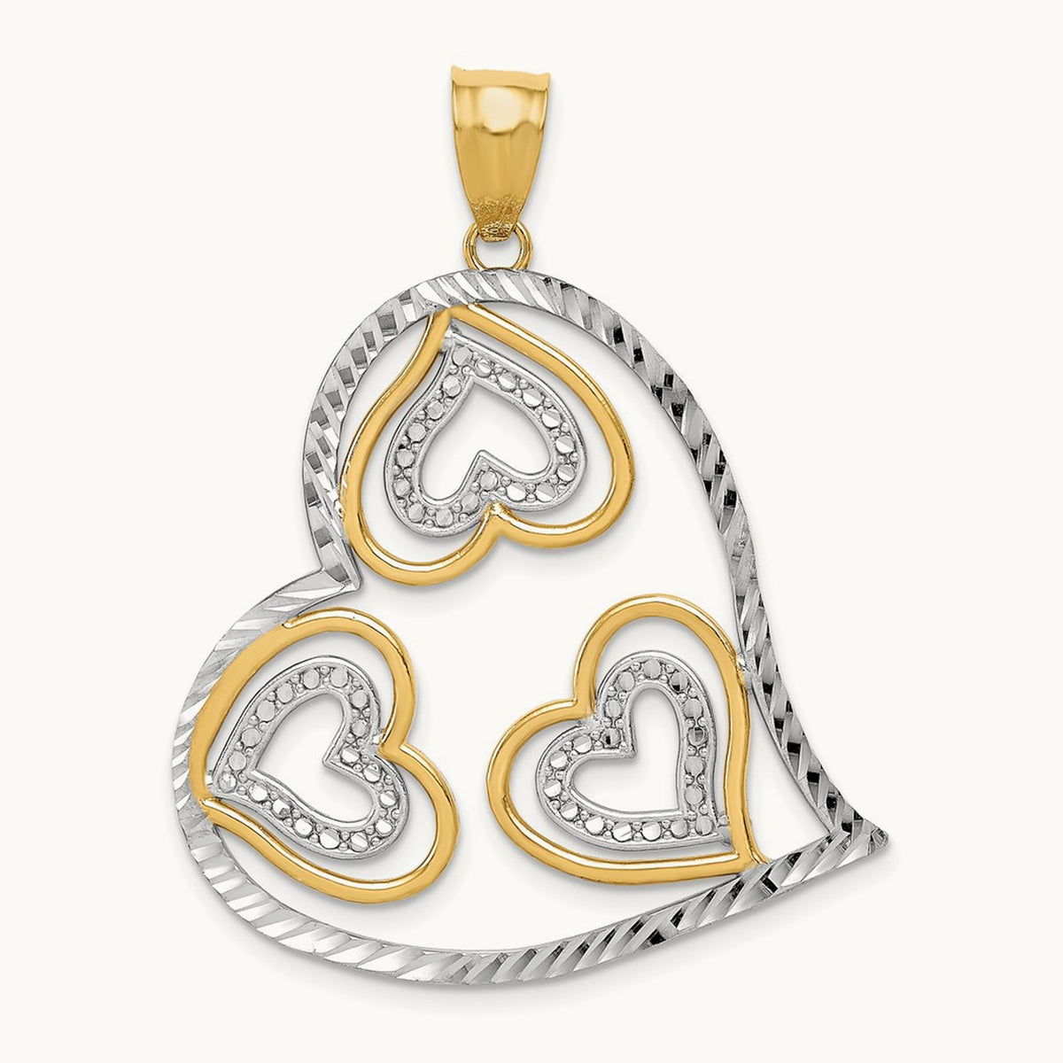 w/ Rhodium Polished Hearts Inside Heart Pendant, 14K
