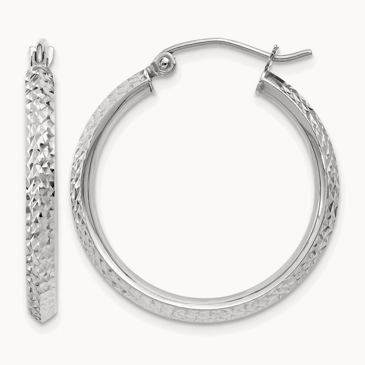 Knife Edge Diamond-cut Hollow Hoop Earrings — 14K White Gold, 2.5x25mm