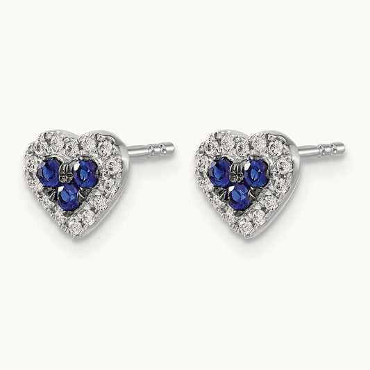 Diamond and Sapphire Heart Post Earrings, 14K White Gold