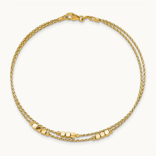Polished D/C Beaded Double Strand Bracelet, 14K