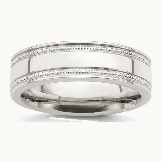 Sterling Silver 6mm Polished Flat Milgrain Grooved Edge Fancy Band