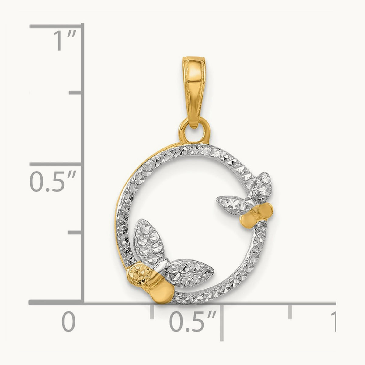 D/C Butterflies on Circle Pendant, 14K with White Rhodium