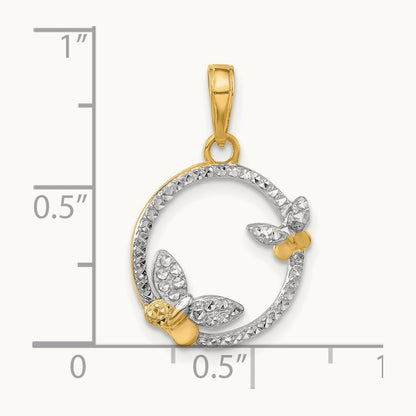 D/C Butterflies on Circle Pendant, 14K with White Rhodium