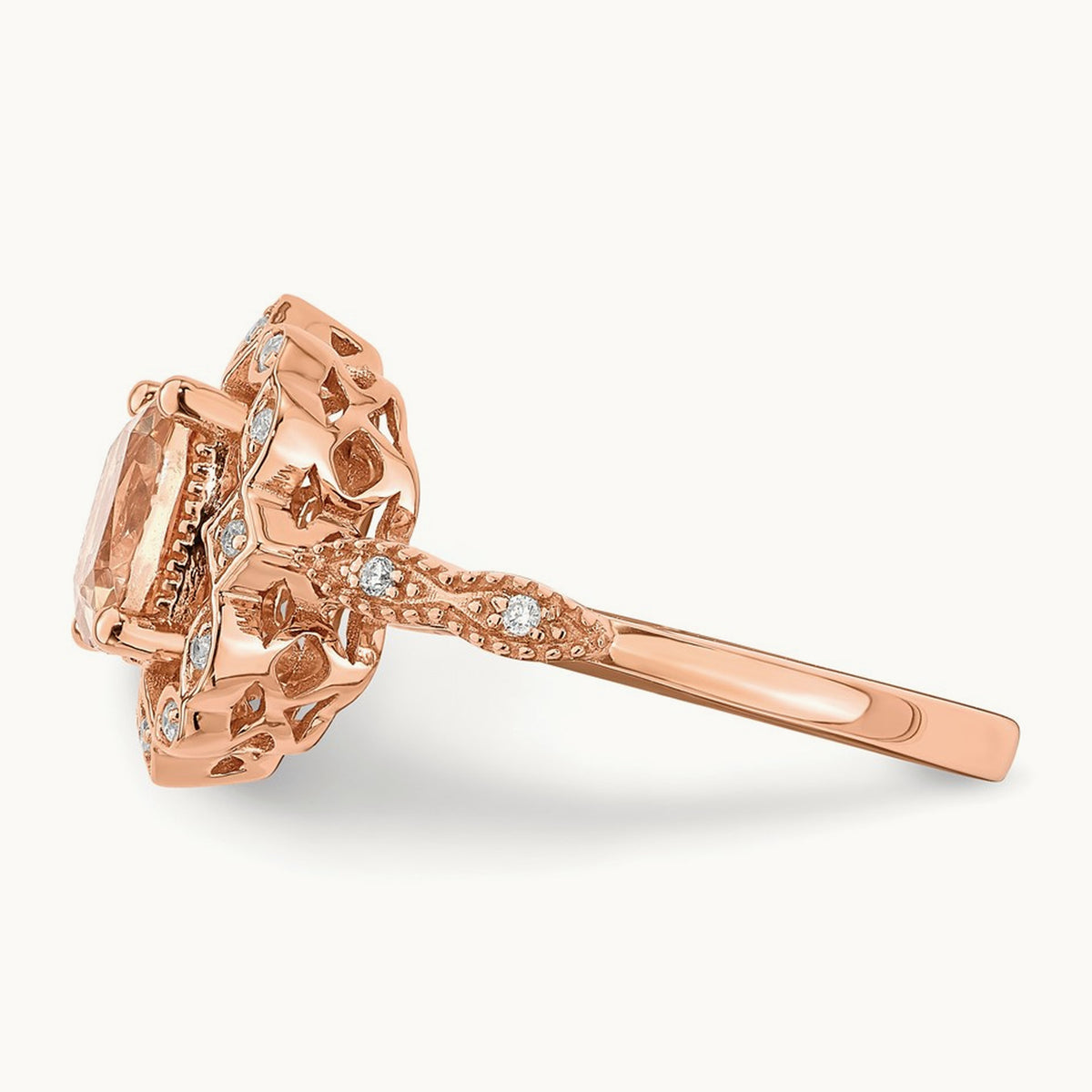 Morganite Diamond Halo Complete Engagement Ring, 14K Rose Gold
