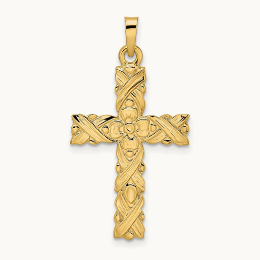 Polished and Textured Solid Floral Cross Pendant — 33.25mm
