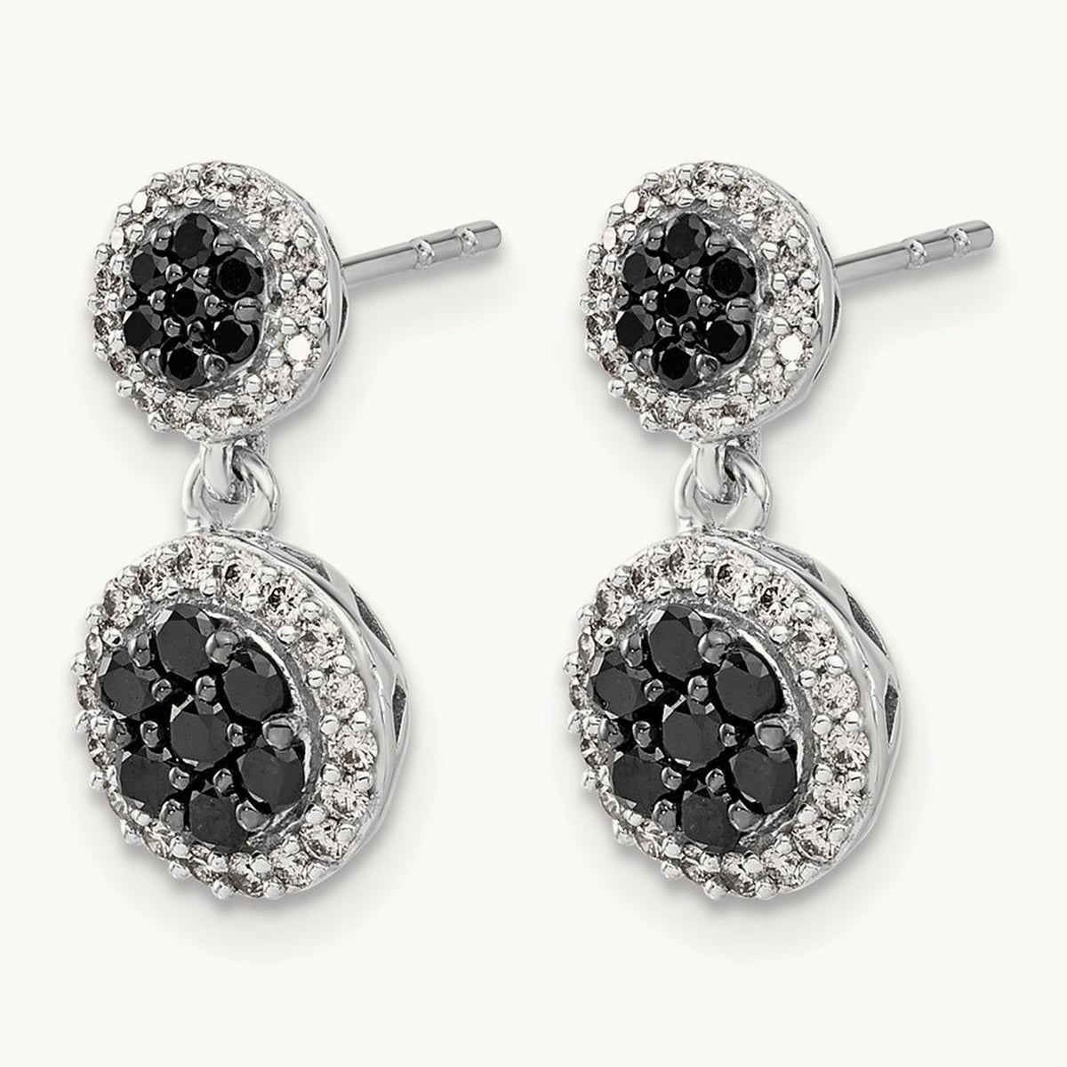 Black/White Diamond Cluster Dangle Earrings, 14K White Gold