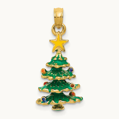 3D Enameled Christmas Tree Pendant, 14K
