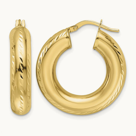 Polished Diamond-cut Hollow Round Hoop Earrings, 6mm, 14K