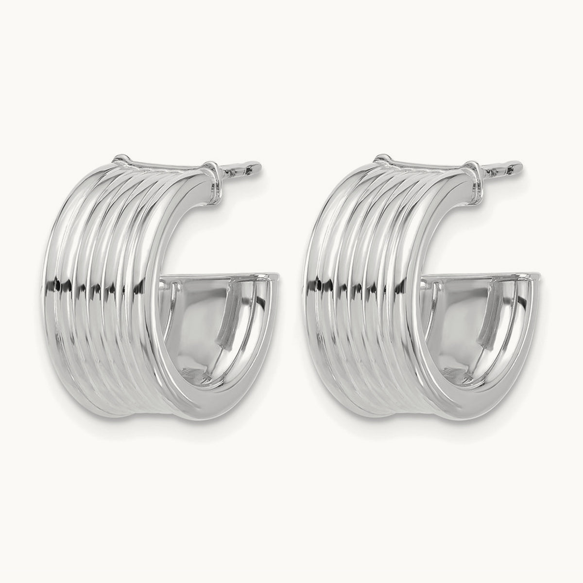 w/ White RH Plating Polished and Grooved J-Hoop Post Earrings, 14K — Leslie's