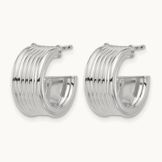 w/ White RH Plating Polished and Grooved J-Hoop Post Earrings, 14K — Leslie's