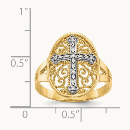 & White Gold Diamond Filigree Cross Ring, 14K Yellow