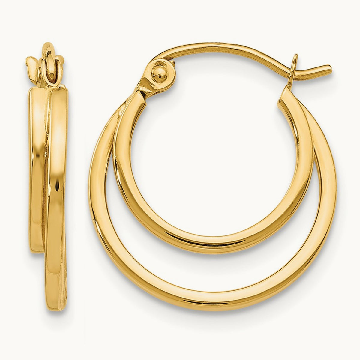 Polished 2 Row Stacked Round Hoop Earrings — 14K Yellow Gold