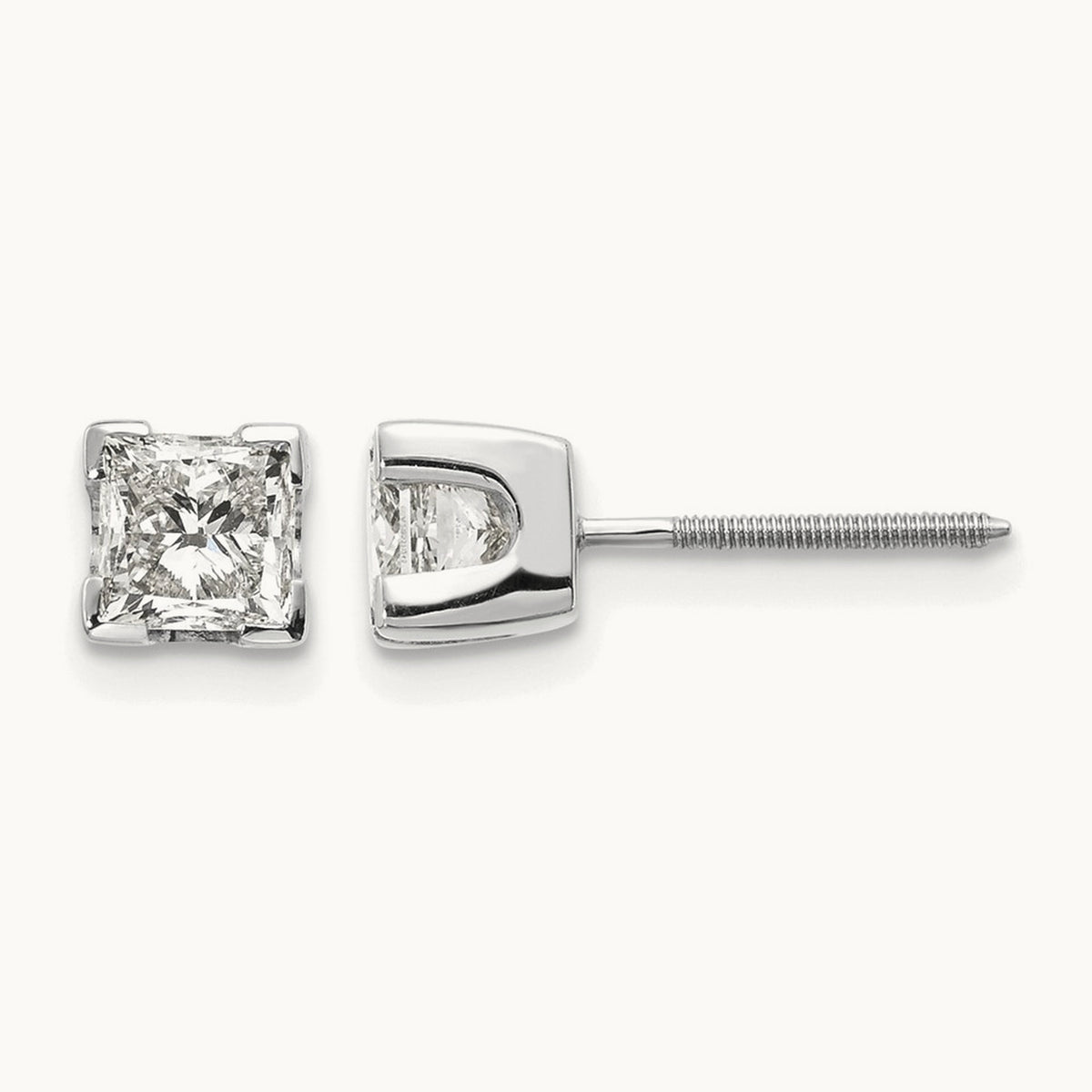 1ct VS Quality Complete Princess Cut Diamond Earrings, 14K White Gold