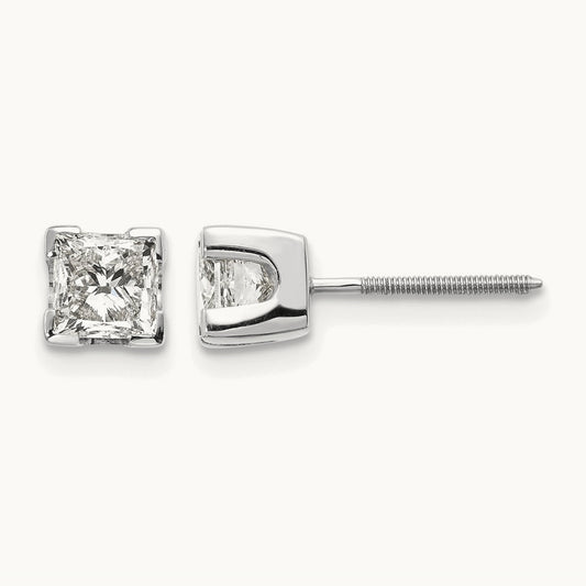 1ct VS Quality Complete Princess Cut Diamond Earrings, 14K White Gold