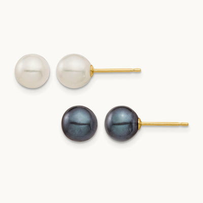 6- White & Black Round FWC Pearl 2 pair Stud Post Earrings Set, 7mm, 14K