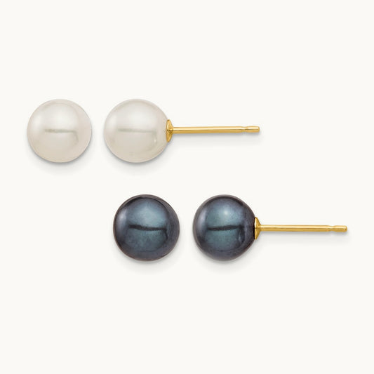 6- White & Black Round FWC Pearl 2 pair Stud Post Earrings Set, 7mm, 14K