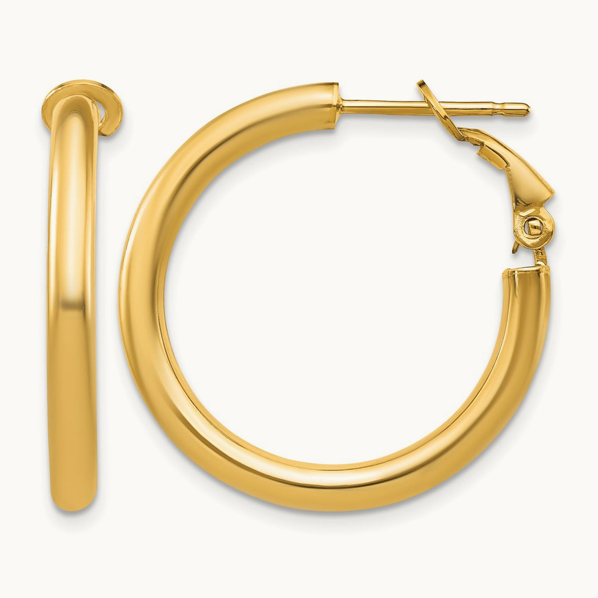 Polished Round Omega Back Hoop Earrings — 14K Yellow Gold, 3x25mm