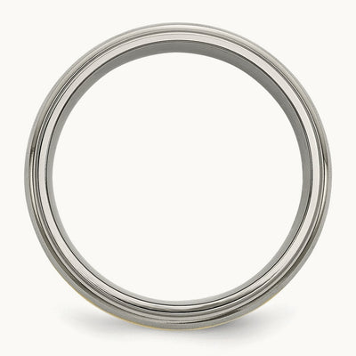 Brushed Center w/14k Yellow Inlay Ridged Edge Band, 8mm, Titanium