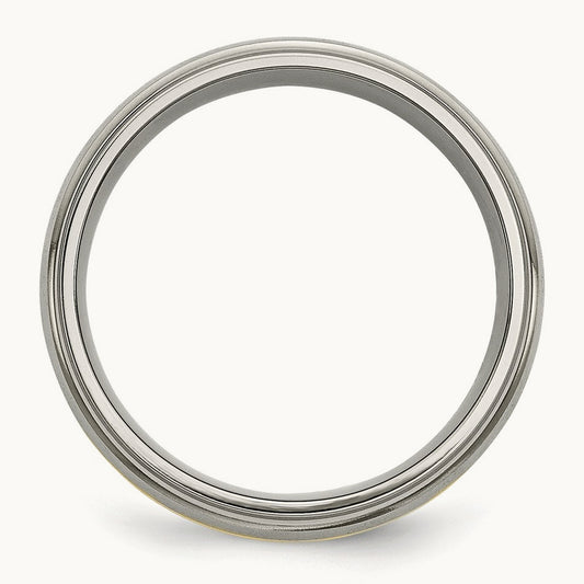 Brushed Center w/14k Yellow Inlay Ridged Edge Band, 8mm, Titanium