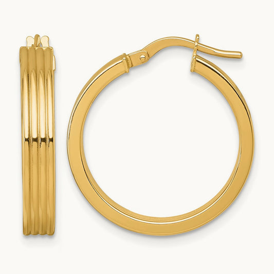 Polished Grooved Hoop Earrings — 14K Yellow Gold, 24mm