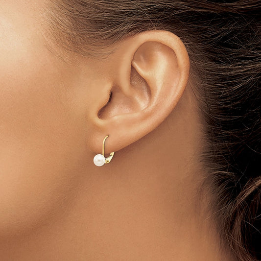 Round Freshwater Cultured Pearl Leverback Earrings — 14K Yellow Gold