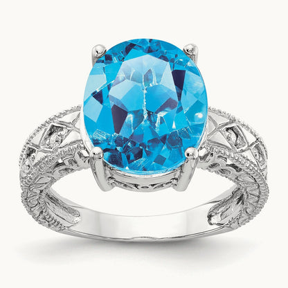 12x10mm Oval Blue Topaz AA Diamond ring, 14K White Gold