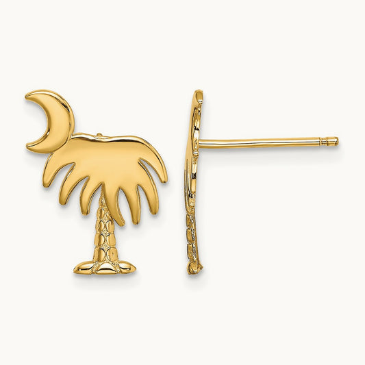 Charleston Palm Tree w/ Moon Post Earrings, 14K