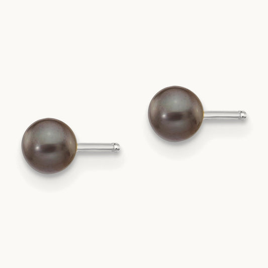 3- Black Round FW Cultured Pearl Stud Post Earrings, 4mm, 14K White Gold