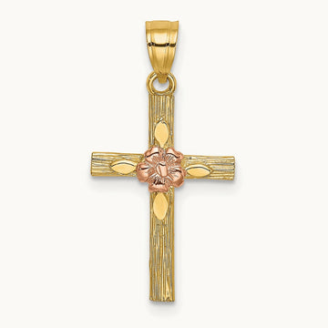 Textured Cross w/ Flower Charm, 14K Two-tone