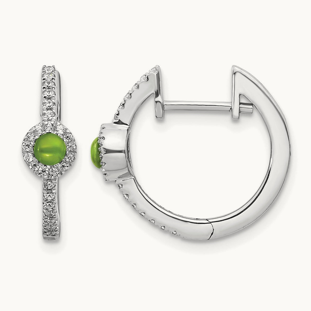 Diamond and Cabochon Peridot Earrings, 14K White Gold