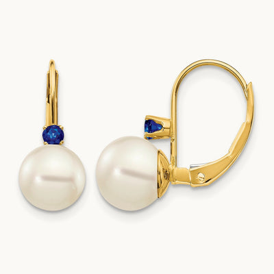 7- White Round FW Cultured Pearl Sapphire Leverback Earrings, 7.5mm, 14K