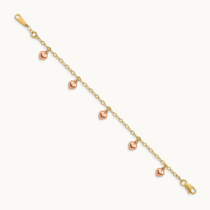 Hearts Child's Puffed Heart Charm Bracelet, 14K Yellow Gold with Rose Gold