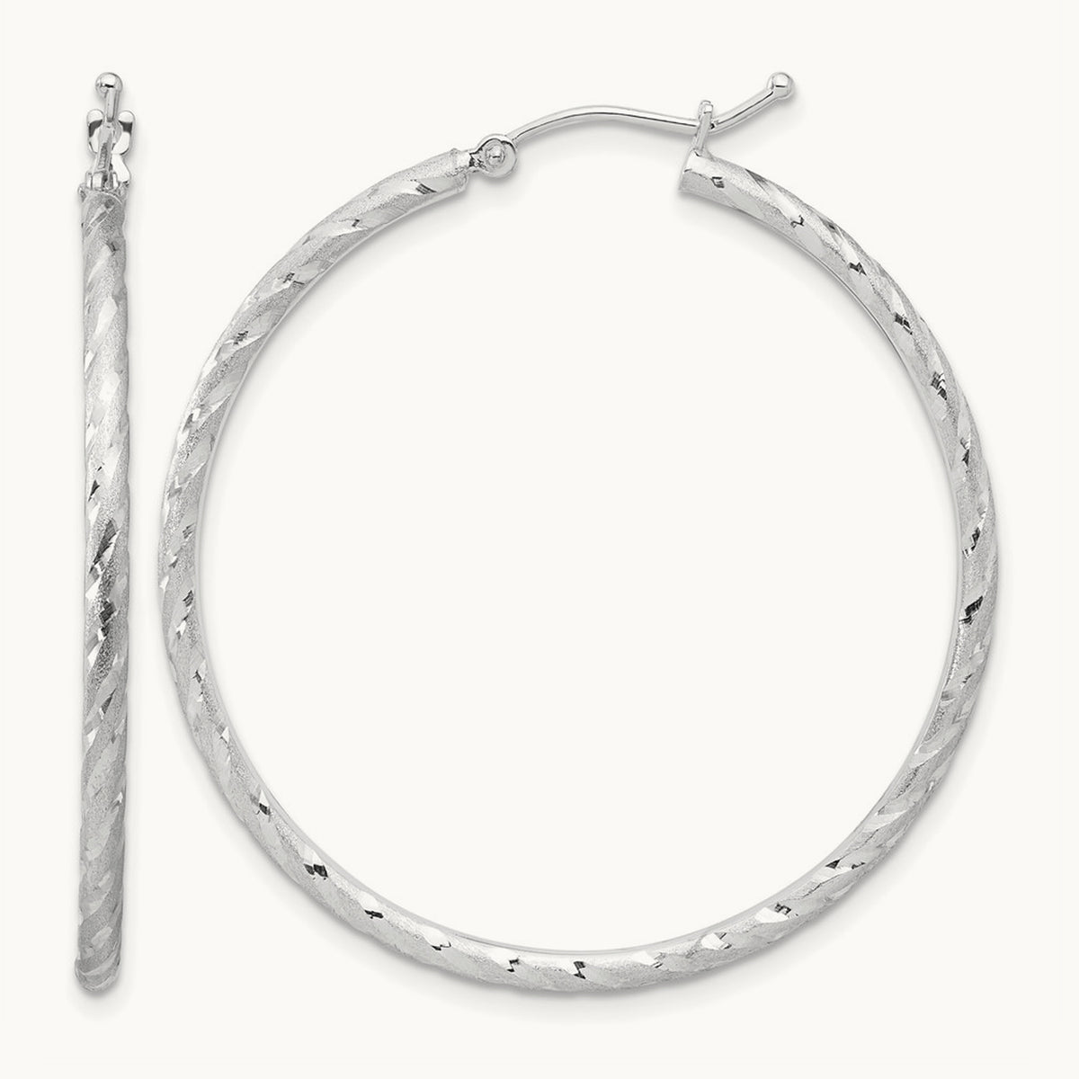 Polished and Satin Diamond-cut Hoop Earrings — 14K White Gold