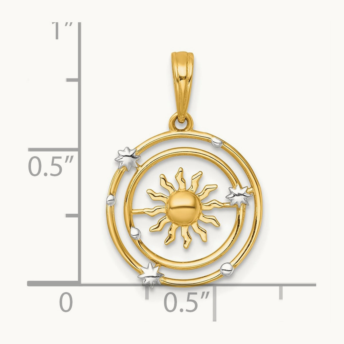 Polished Sun With Solar System Orbit Charm, 14K with White Rhodium