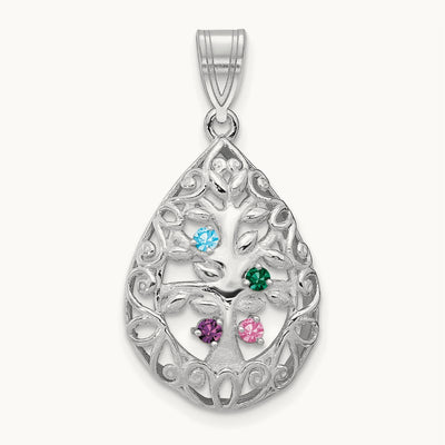 4 Birthstone Tree of Life Tear Drop Pendant, 14K White Gold