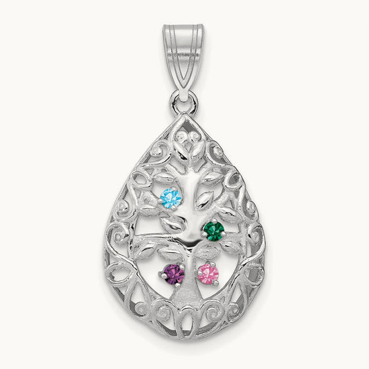 4 Birthstone Tree of Life Tear Drop Pendant, 14K White Gold