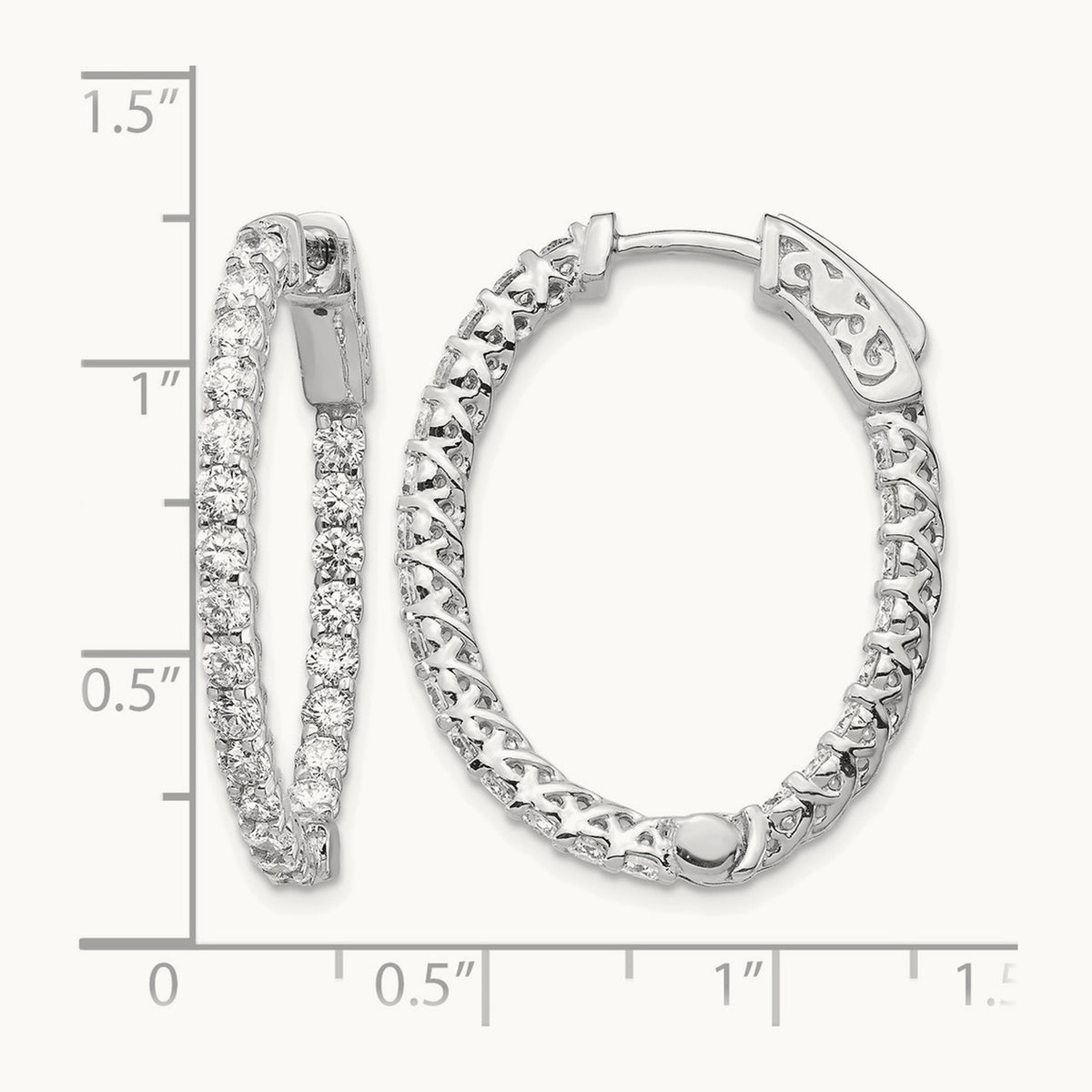 Diamond Oval Hoop w/Safety Clasp Earrings, 14K White Gold