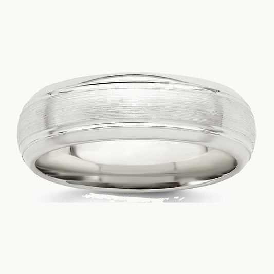 Sterling Silver 6mm Brushed Domed with Grooved Beveled Edge Fancy Band