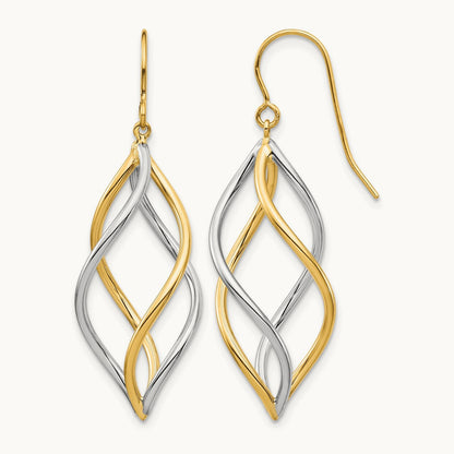 Twisted Polished Dangle Shepherd Hook Earrings, 14K Two-tone