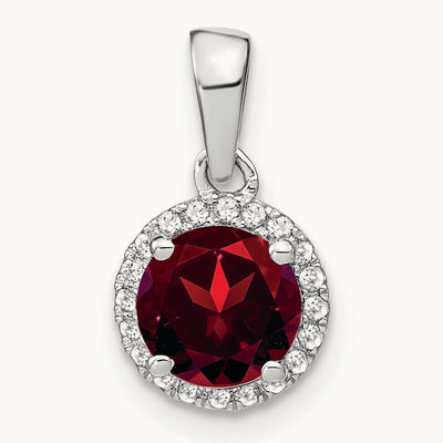 Garnet and Diamond Halo Pendant, 14K White Gold
