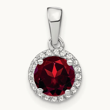 Garnet and Diamond Halo Pendant, 14K White Gold